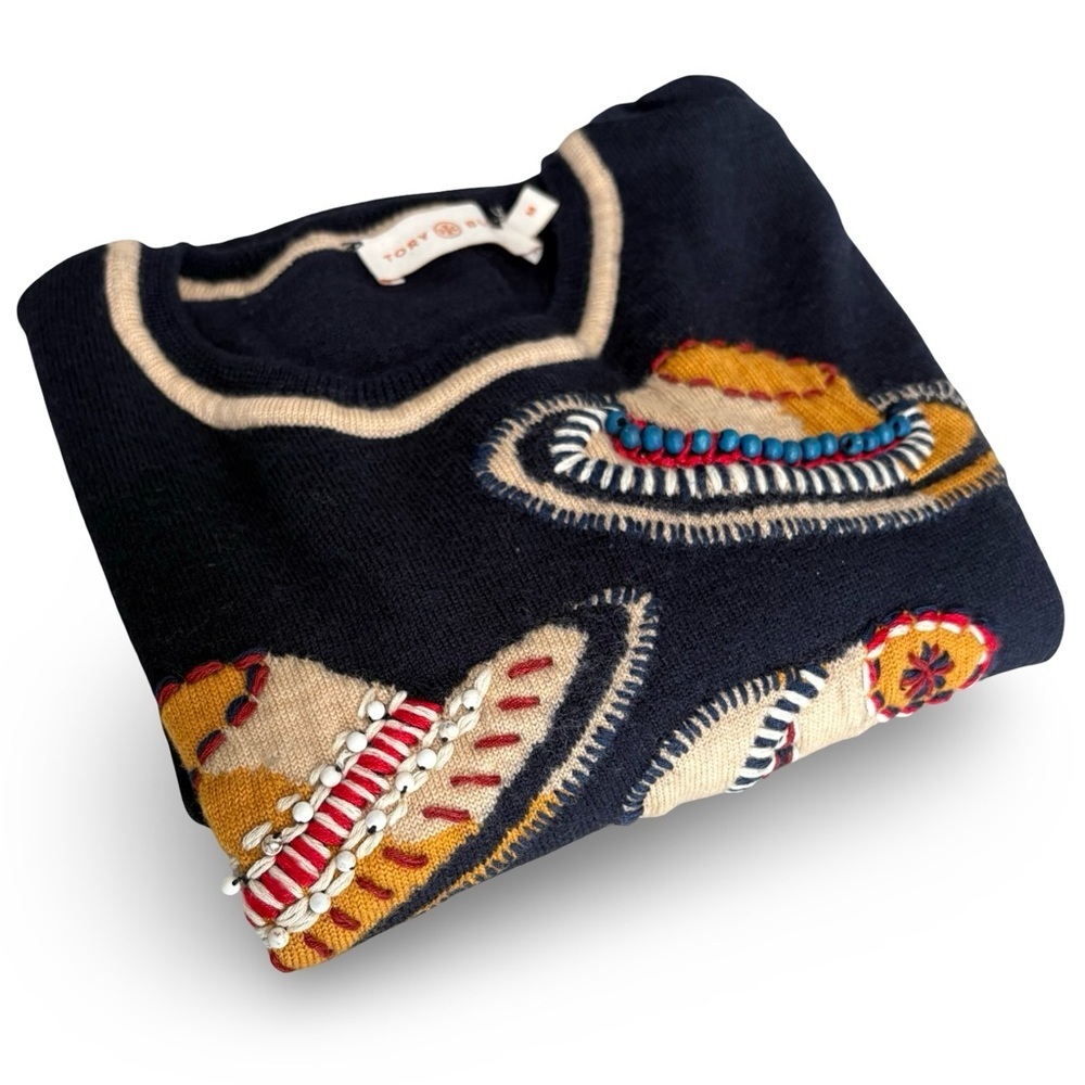 Tory Burch 100% Merino Wool Navy Hand Embroidered Beaded Sunhat Print Sweater M - Picture 8 of 13